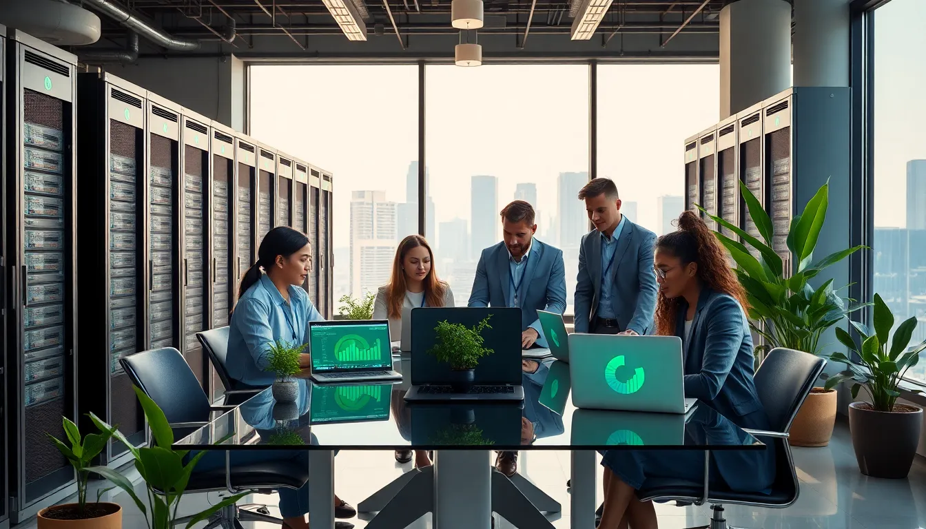 diverse professionals in a modern data center focusing on green technology.