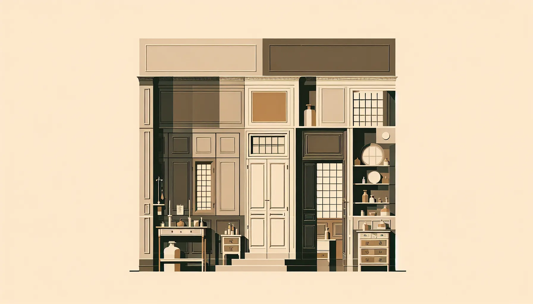 Minimalist 17th century Parisian room interior with simple furniture and medical objects