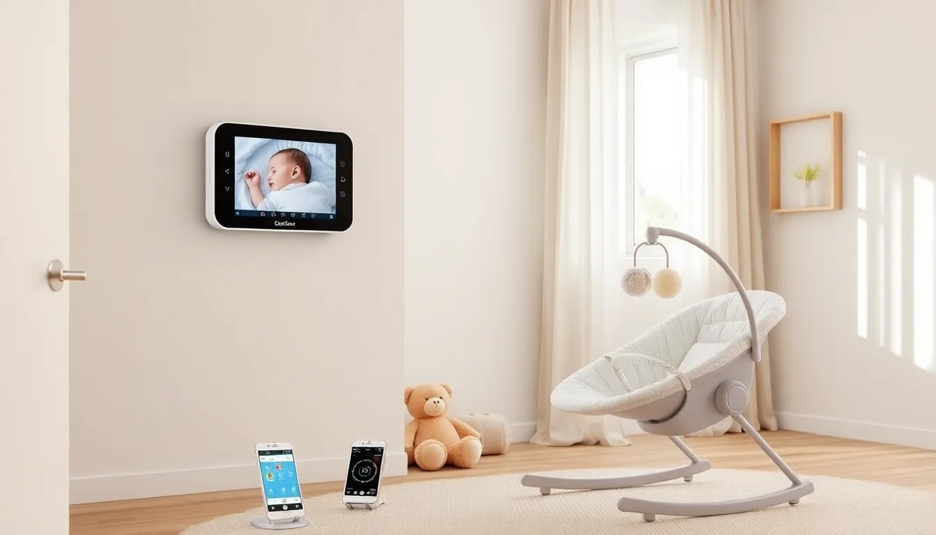 a modern nursery with a smart baby monitor and a stylish swing.