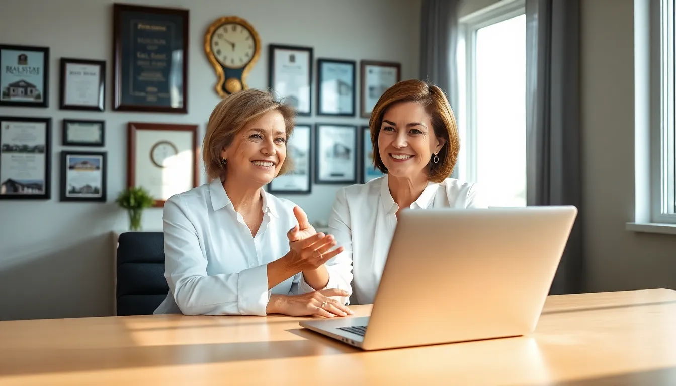 a professional woman discussing real estate communication in an office.