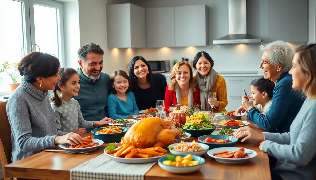 diverse family enjoying a Thanksgiving meal together at a dining table.