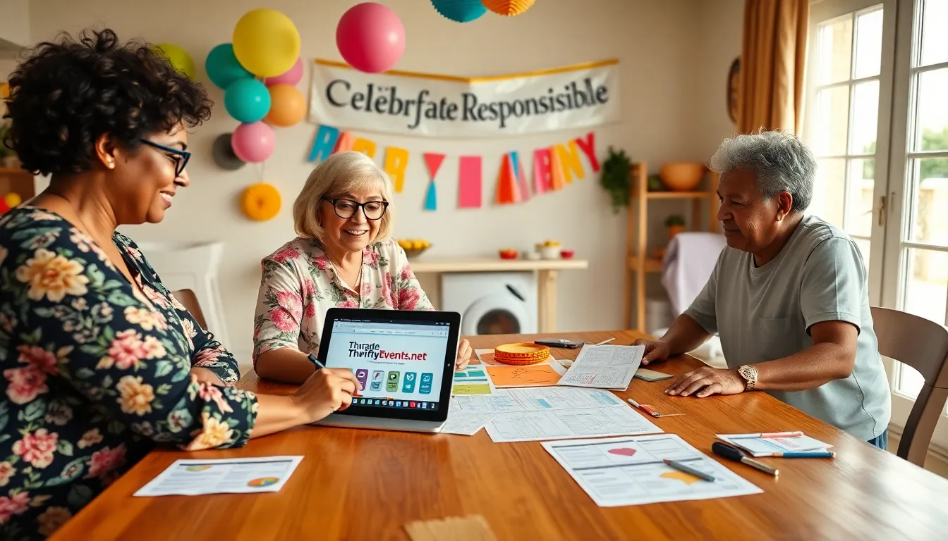 a diverse group collaborating on event planning around a wooden table.