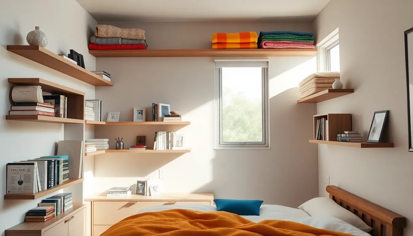 modern small bedroom with vertical storage solutions and floating shelves.