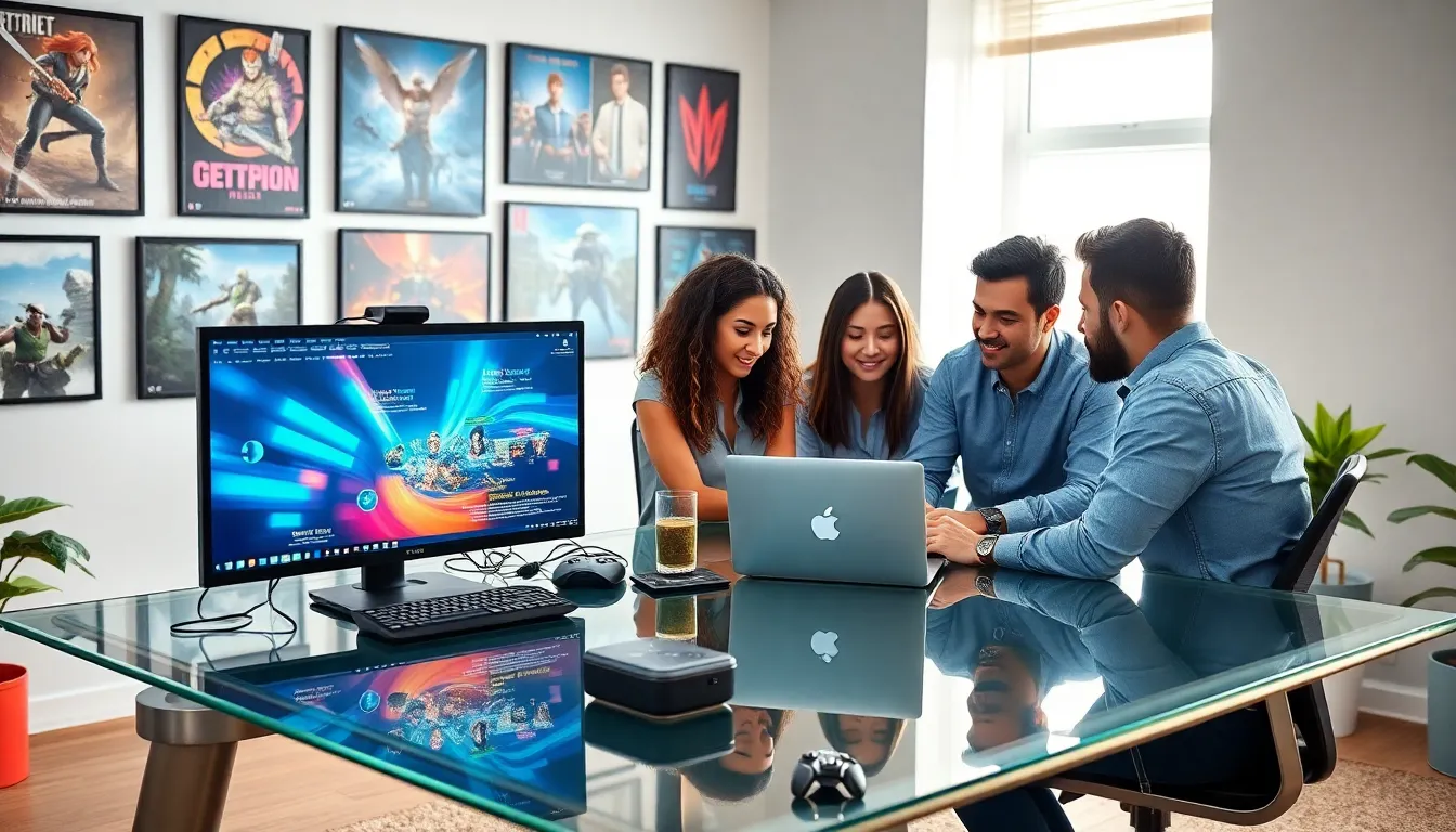 diverse team collaborating in a modern game development workspace.