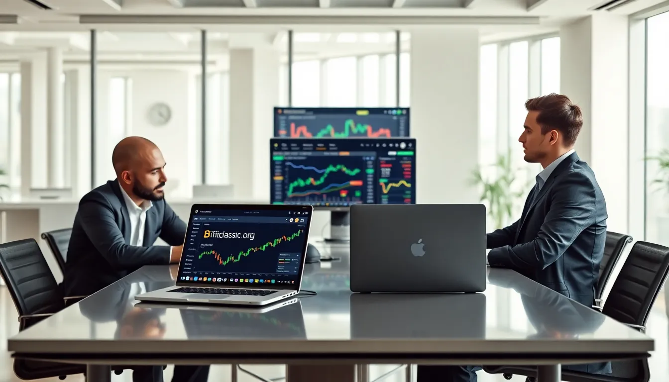 professionals discussing cryptocurrency trading in a modern office.