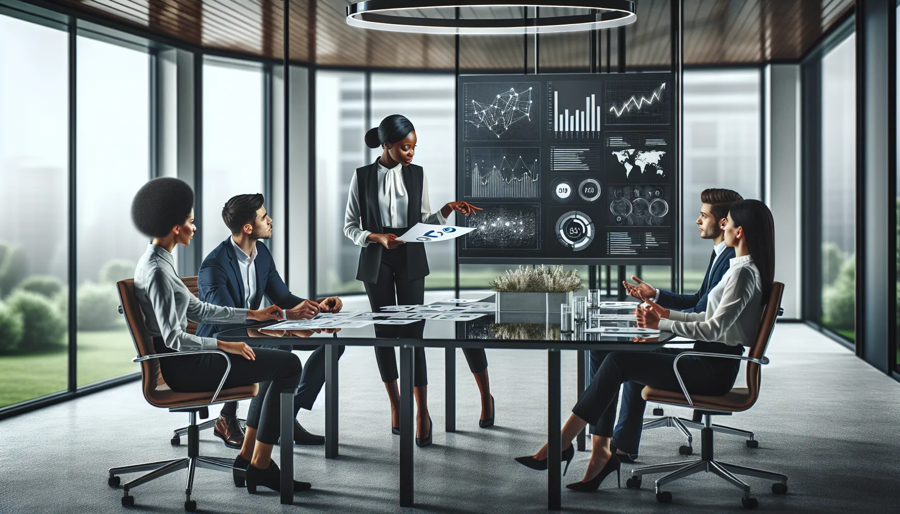 diverse team collaborating on a project in a modern office.