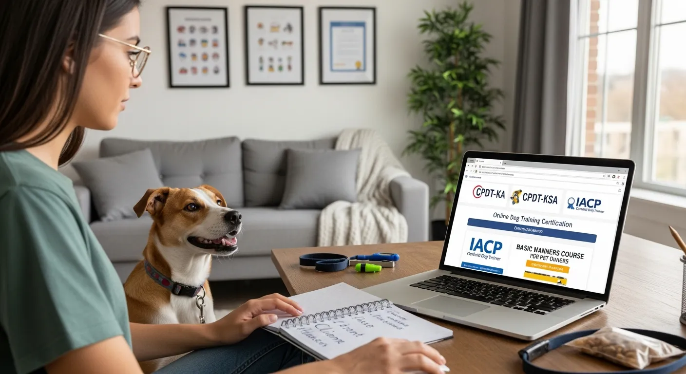 Woman researching online dog training certifications at home with her dog nearby.