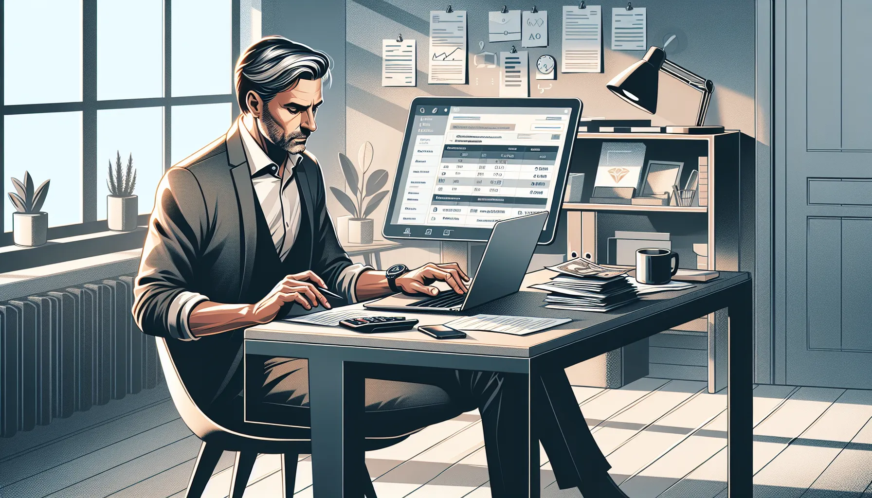 Person at desk reviewing bills and using laptop for online payment