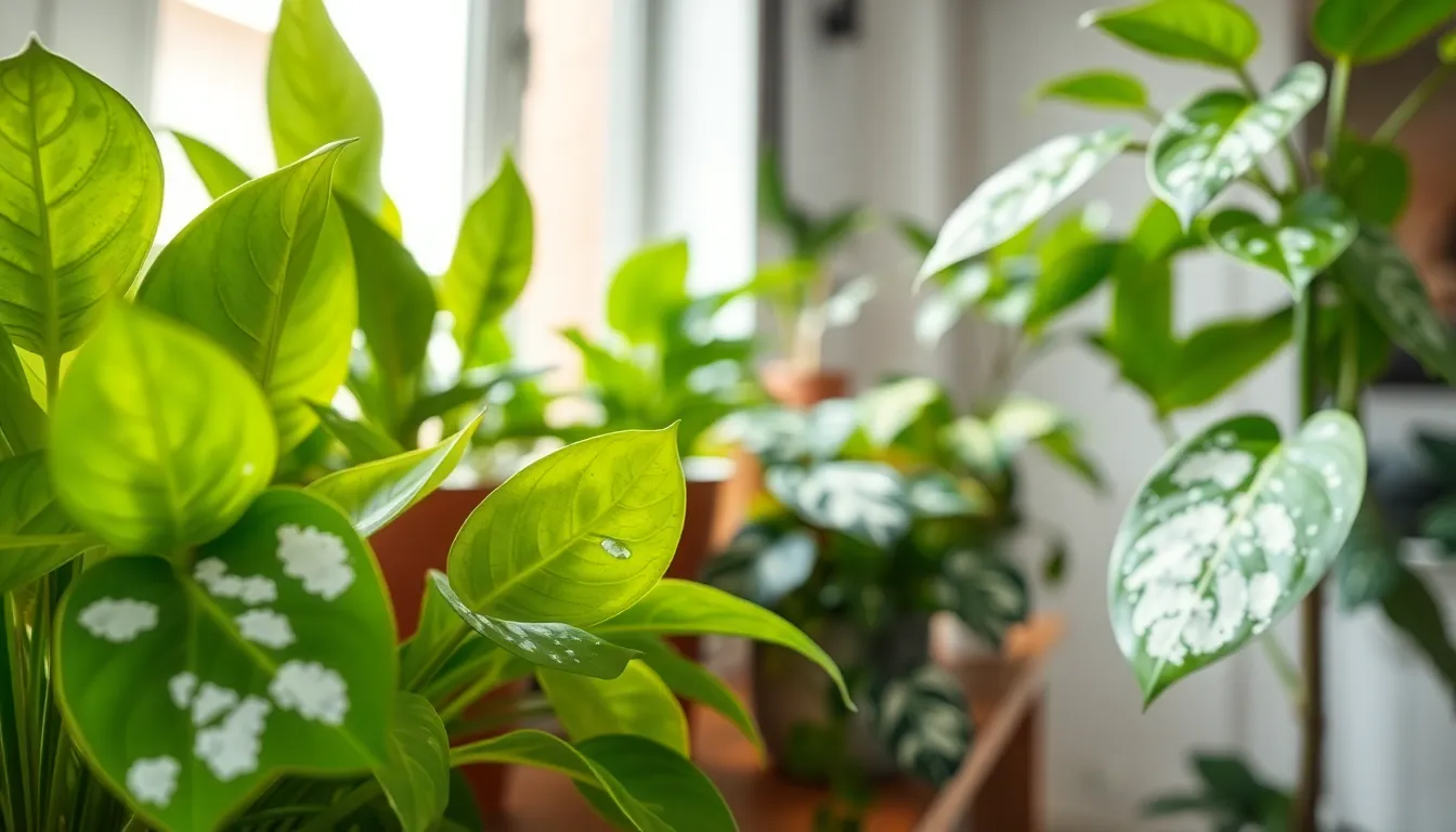 close-up of indoor plants with powdery mildew on leaves.