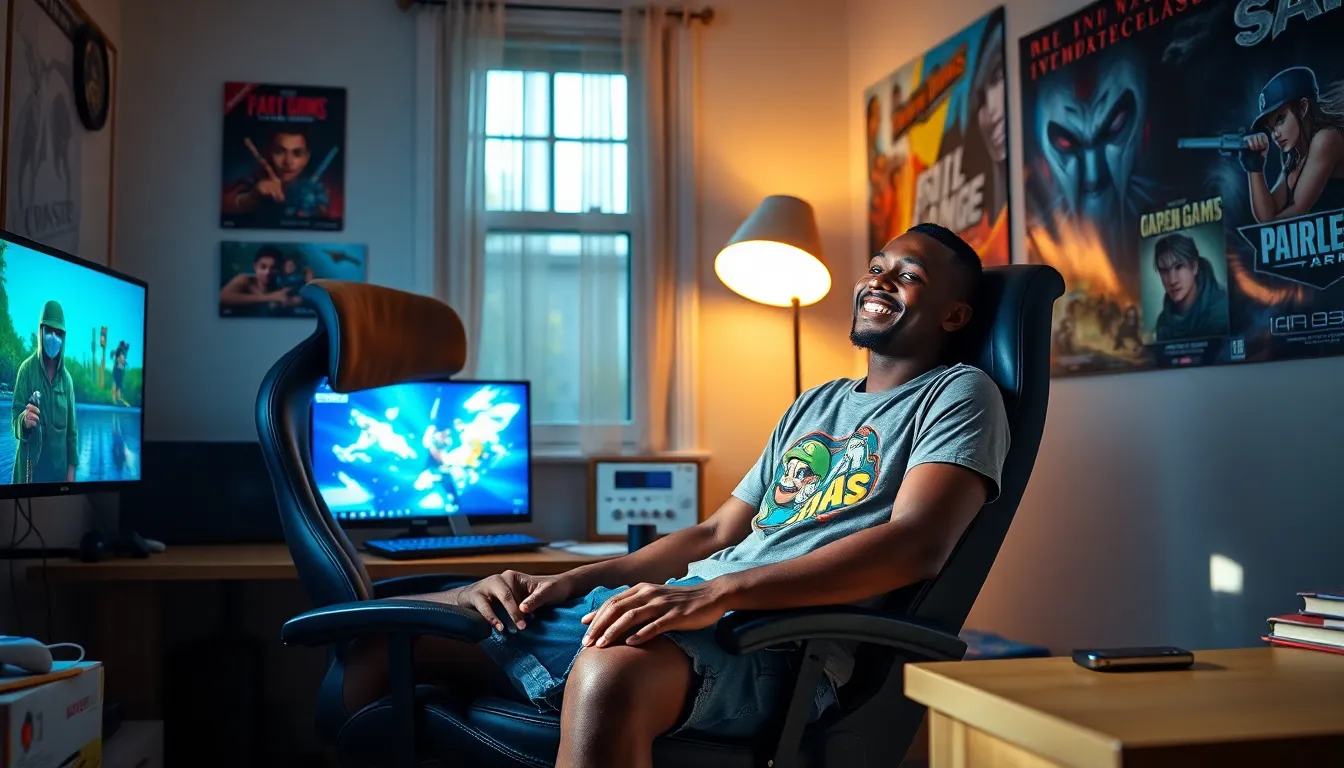 A gamer reflecting on game narratives in a cozy, decorated room.