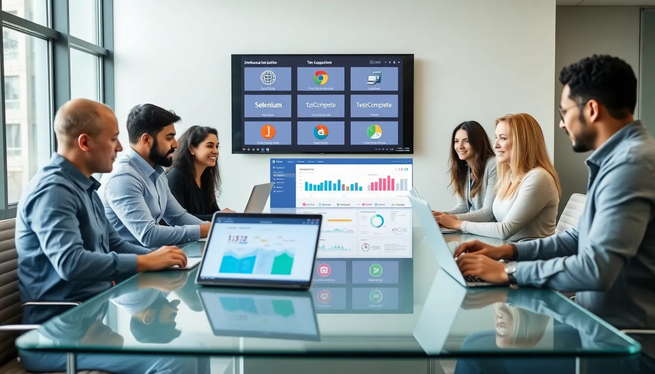 diverse team discussing software testing automation tools in a modern office.