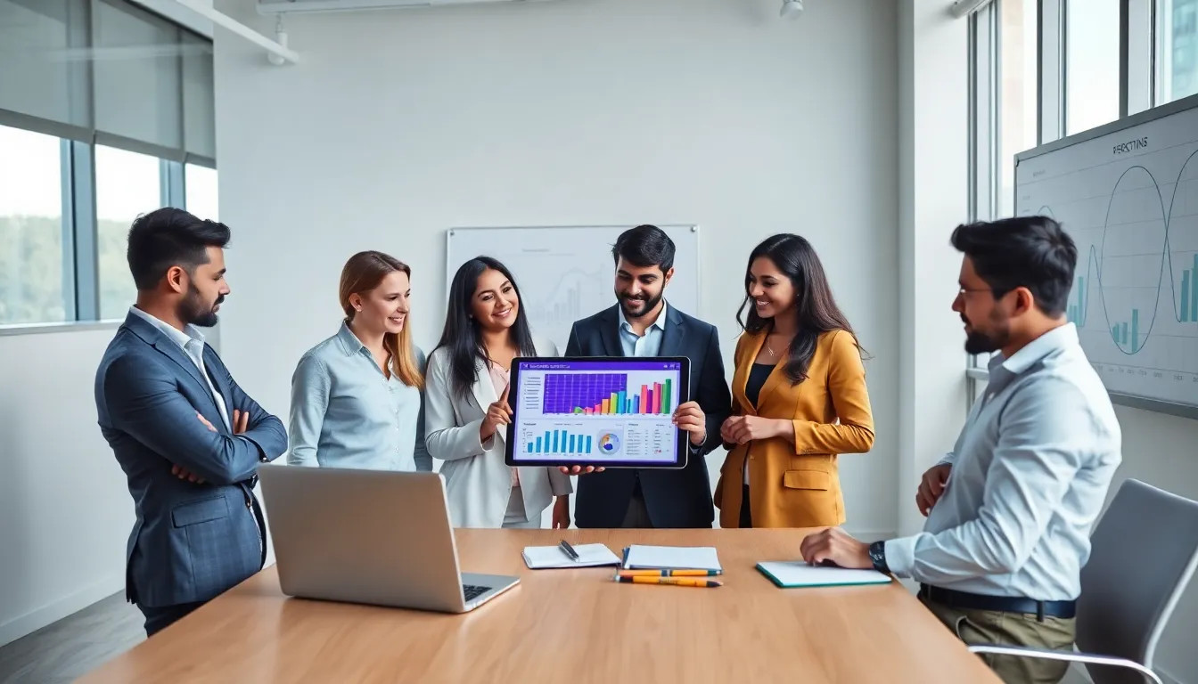 Diverse team analyzing gaming predictions in a modern office.