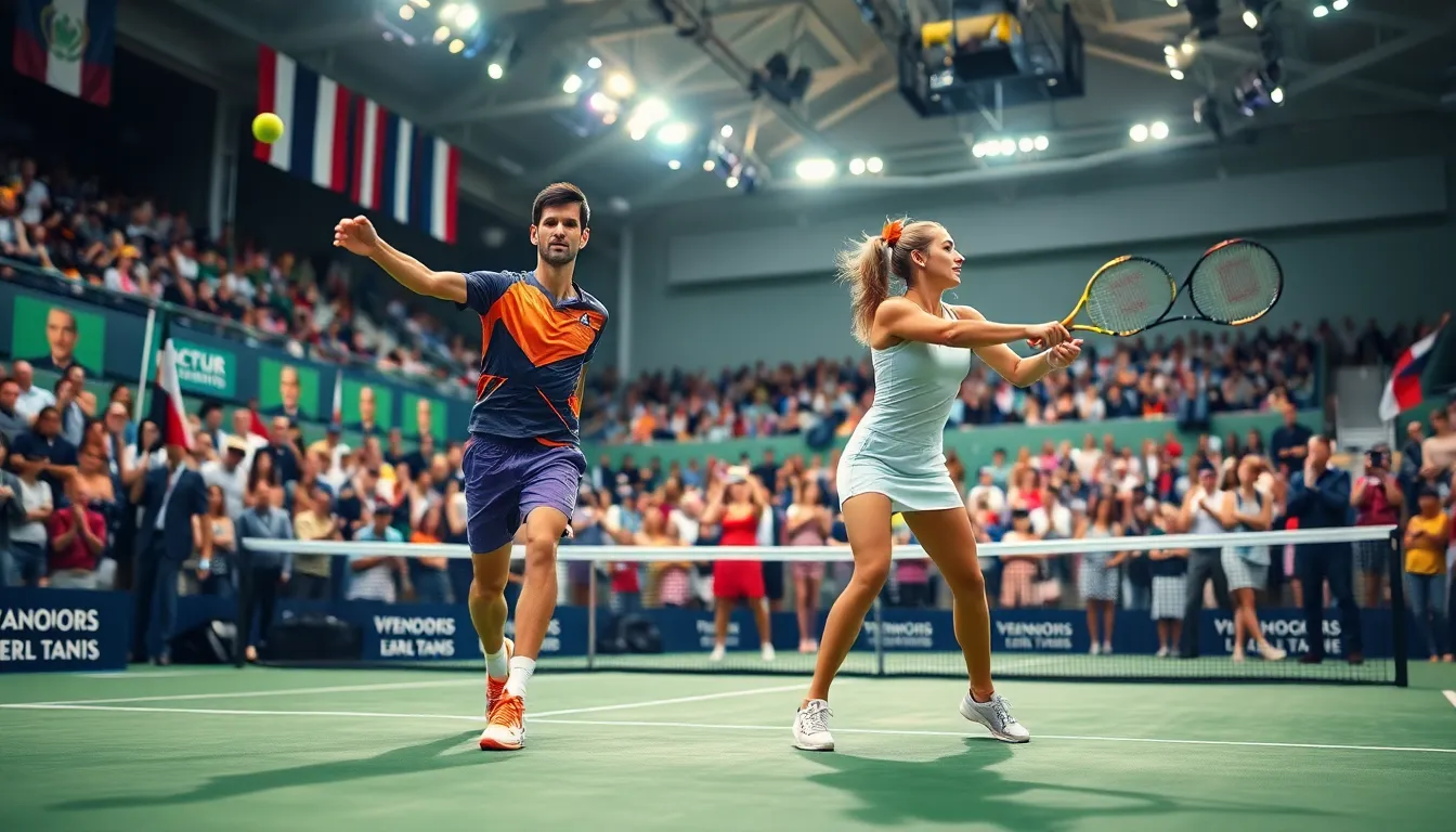 tennis players competing in a vibrant tournament setting.