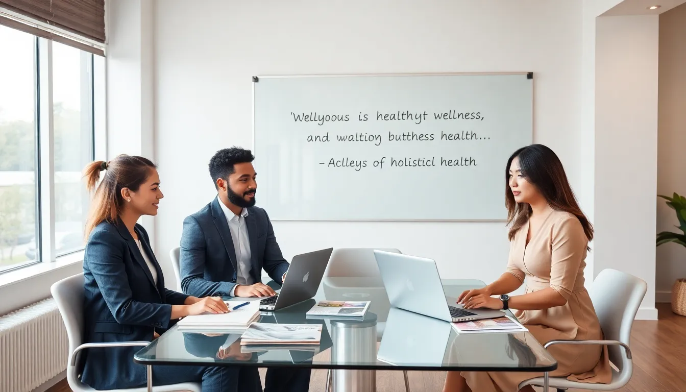 diverse professionals discussing health and wellness in a modern office.