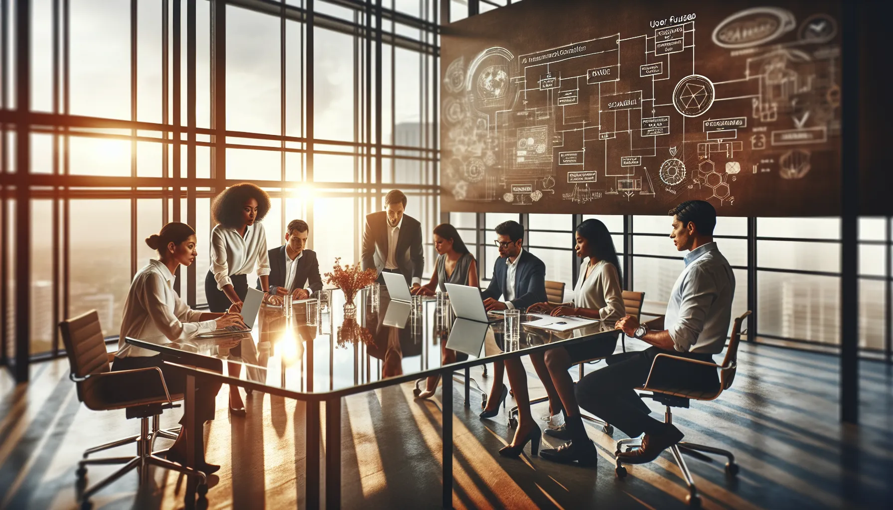 diverse team collaborating on Goh9abd in a modern office.