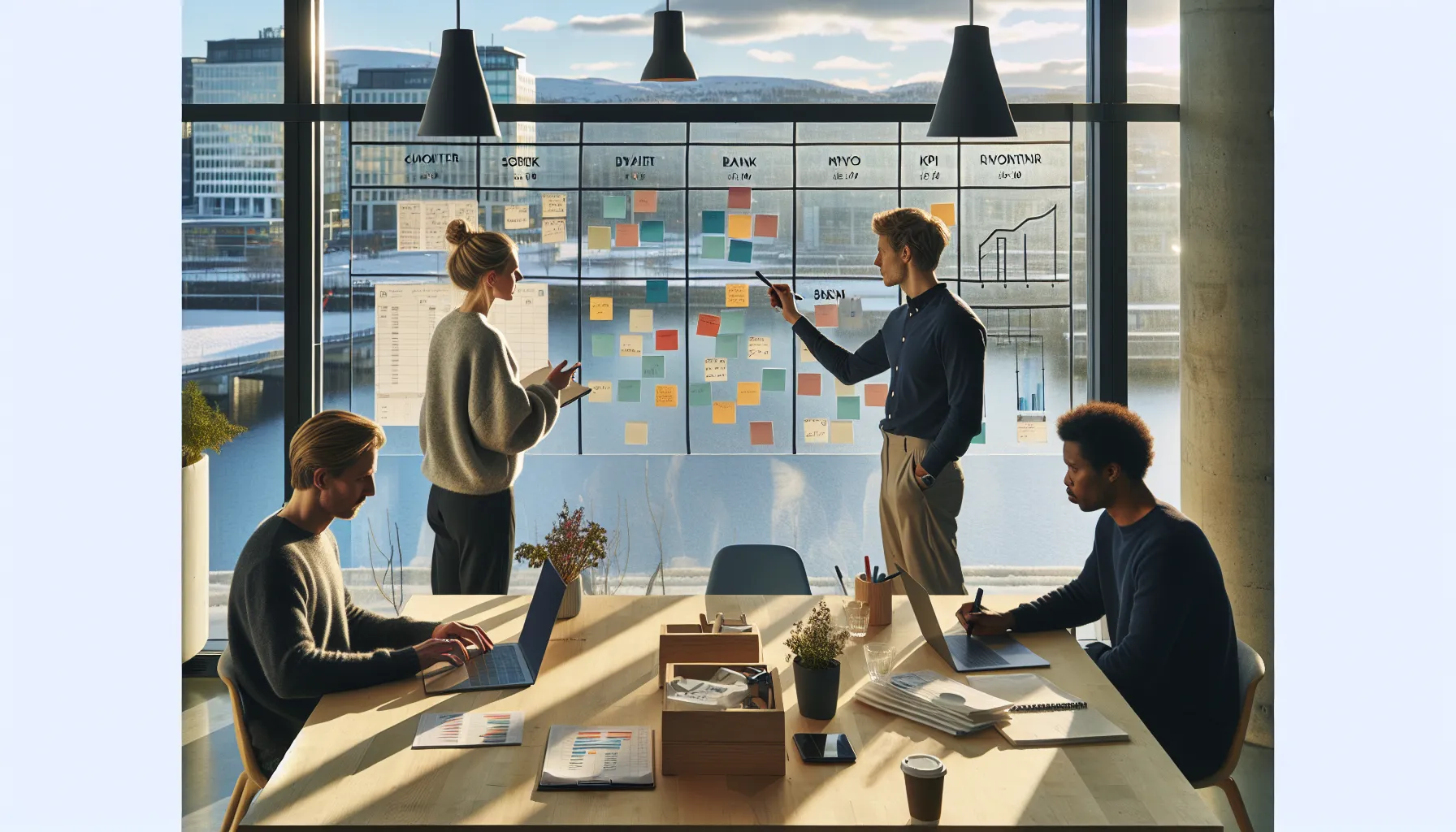 Innovative måter å finansiere din entreprenøridé 2 Founder maps goals, costs, risks, and financing options in a norwegian office.