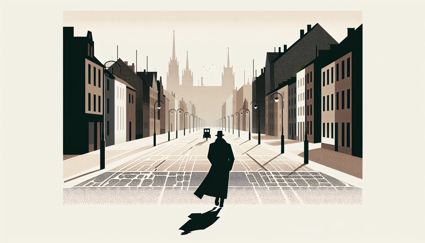 A person in a coat walking through simplified early 20th century Zagreb streets