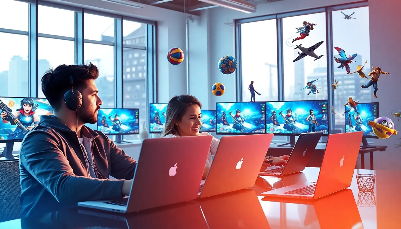 diverse group playing games at modern desks in a bright office.