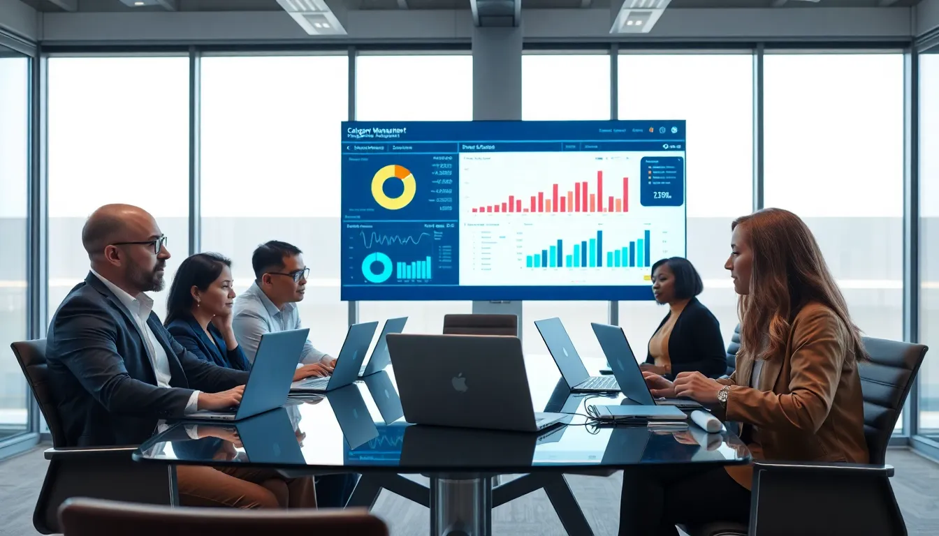 diverse team analyzing procurement category management software in a modern office.