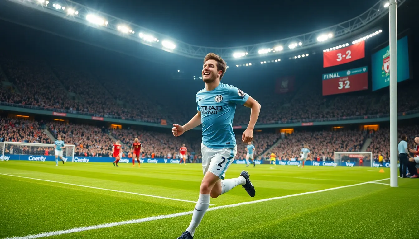 Kevin De Bruyne celebrates after scoring a goal in a thrilling football match.