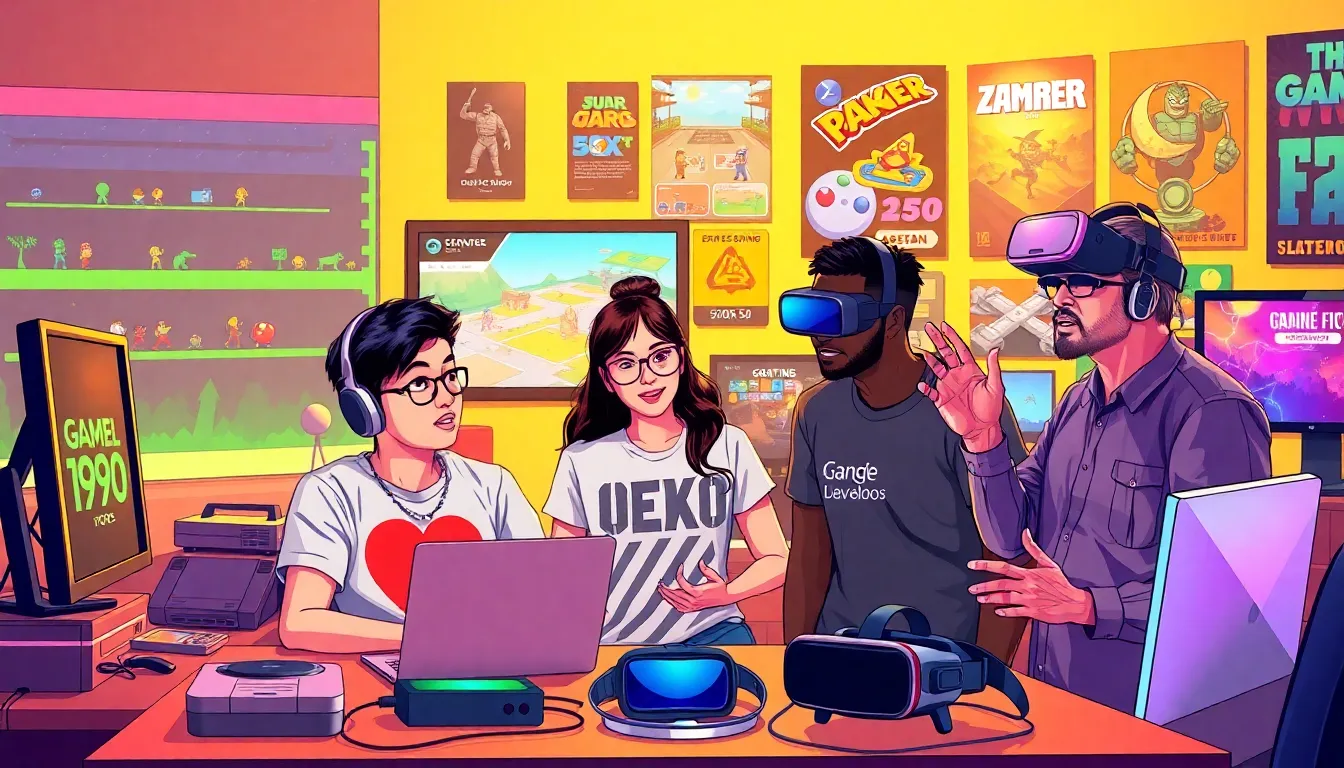 three diverse game developers discussing gaming evolution in a lively studio.