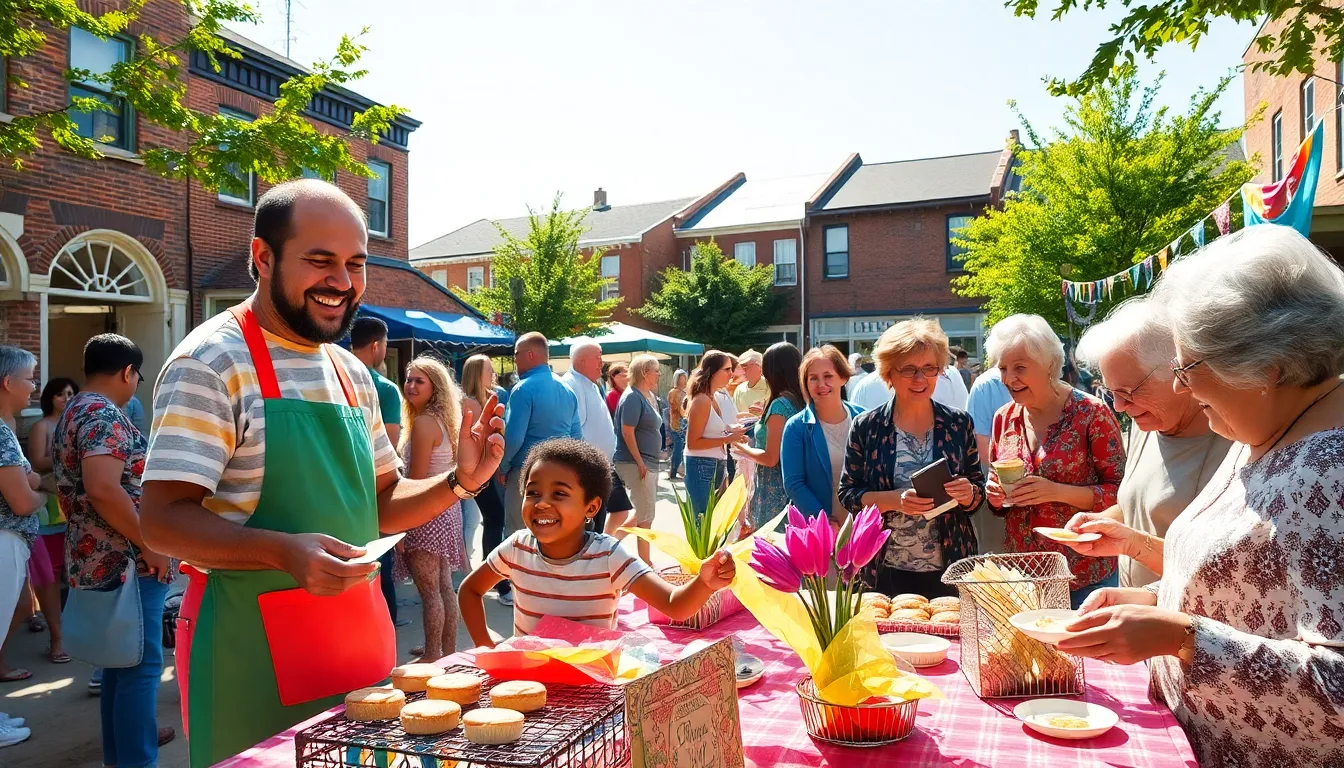 A lively community gathering showcasing crafts and food at a thrifty event.