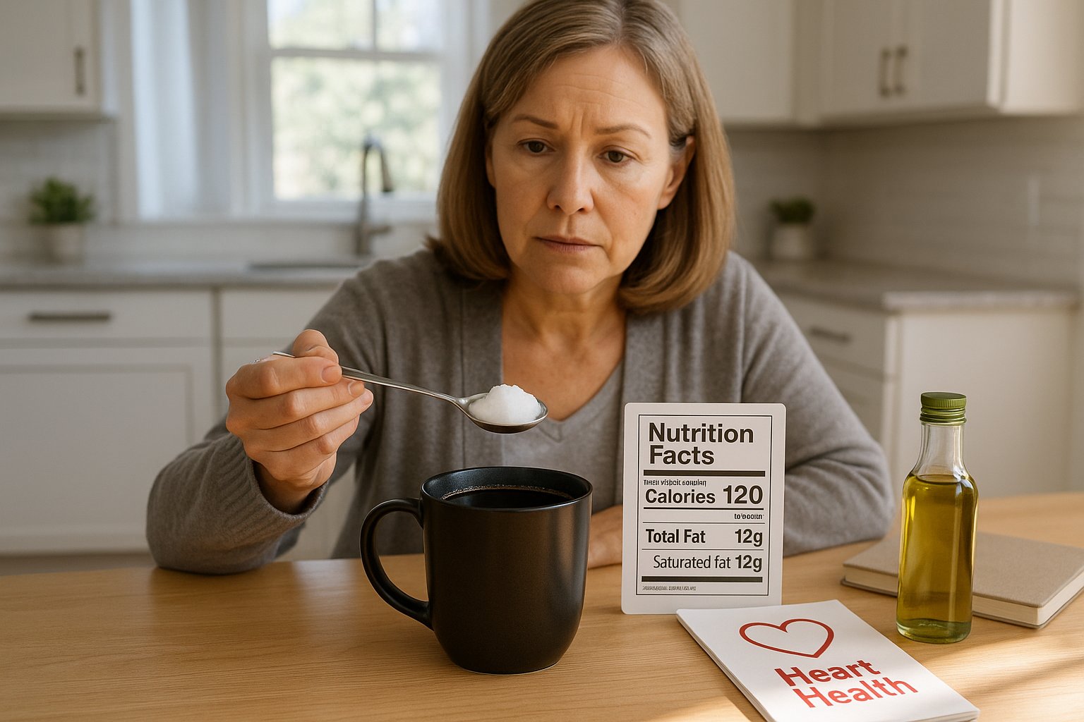 Woman carefully measuring coconut oil into coffee beside nutrition and heart-health information.