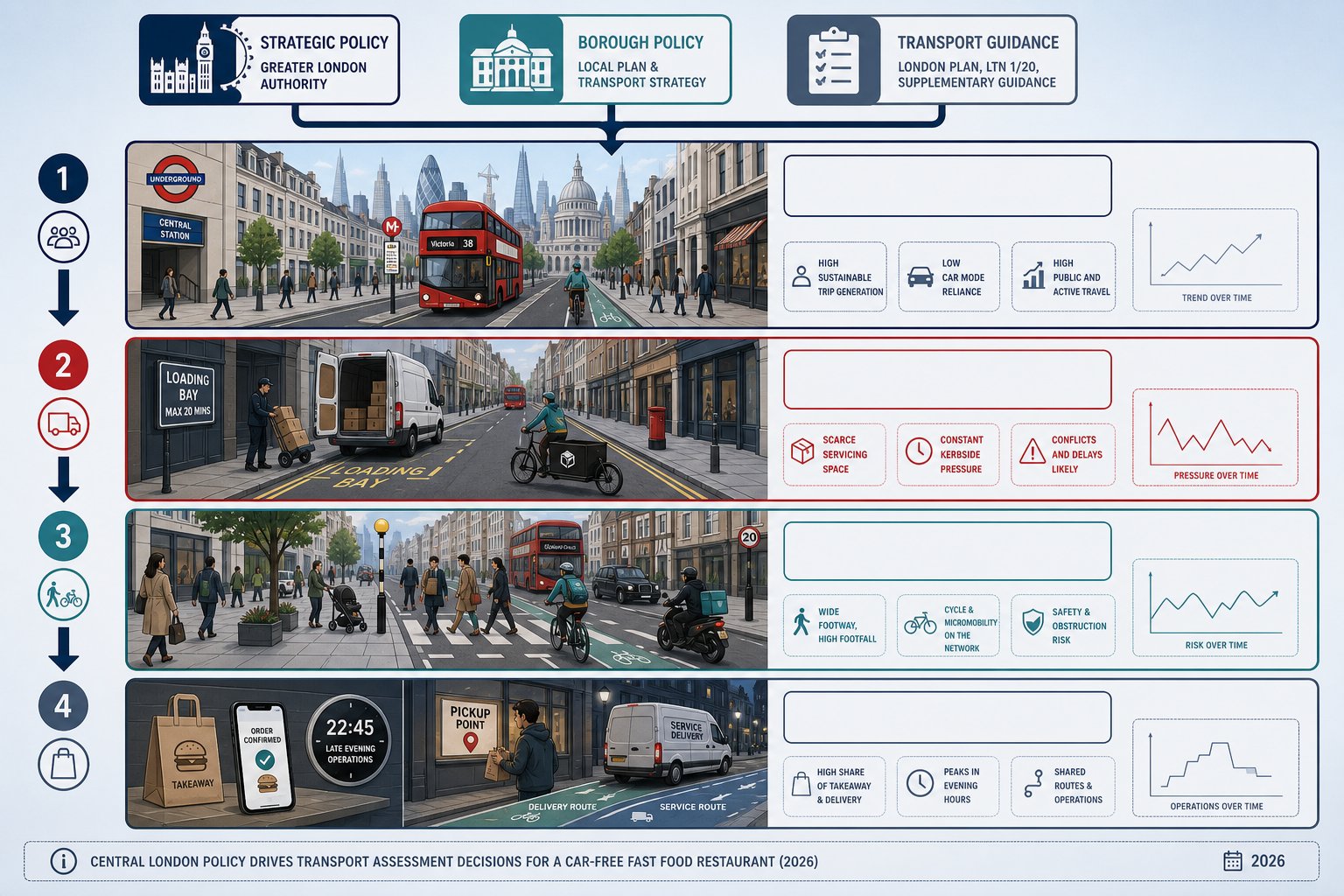 Central London policy infographic for car-free fast food transport and servicing impacts.