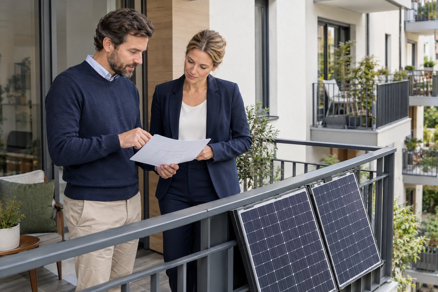 Wohnungseigentümer prüft den geplanten Standort von Solarmodulen am Balkon