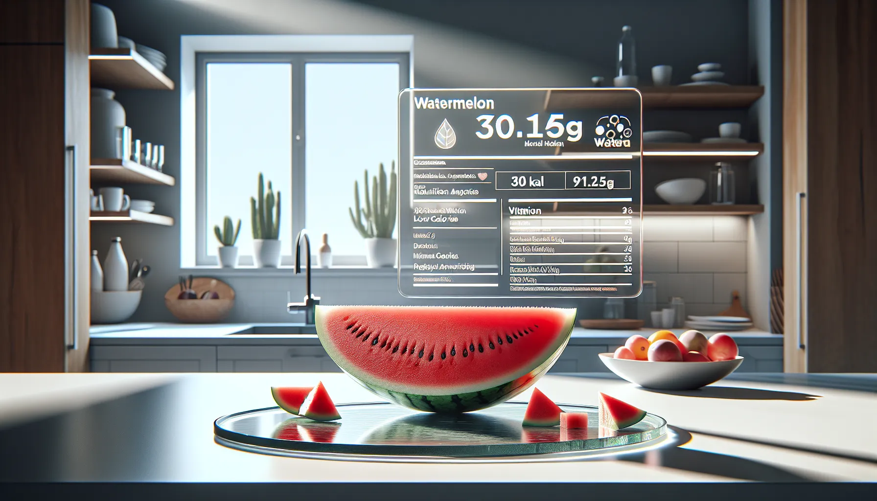 Fresh watermelon slices and nutrition chart in a modern kitchen setting.