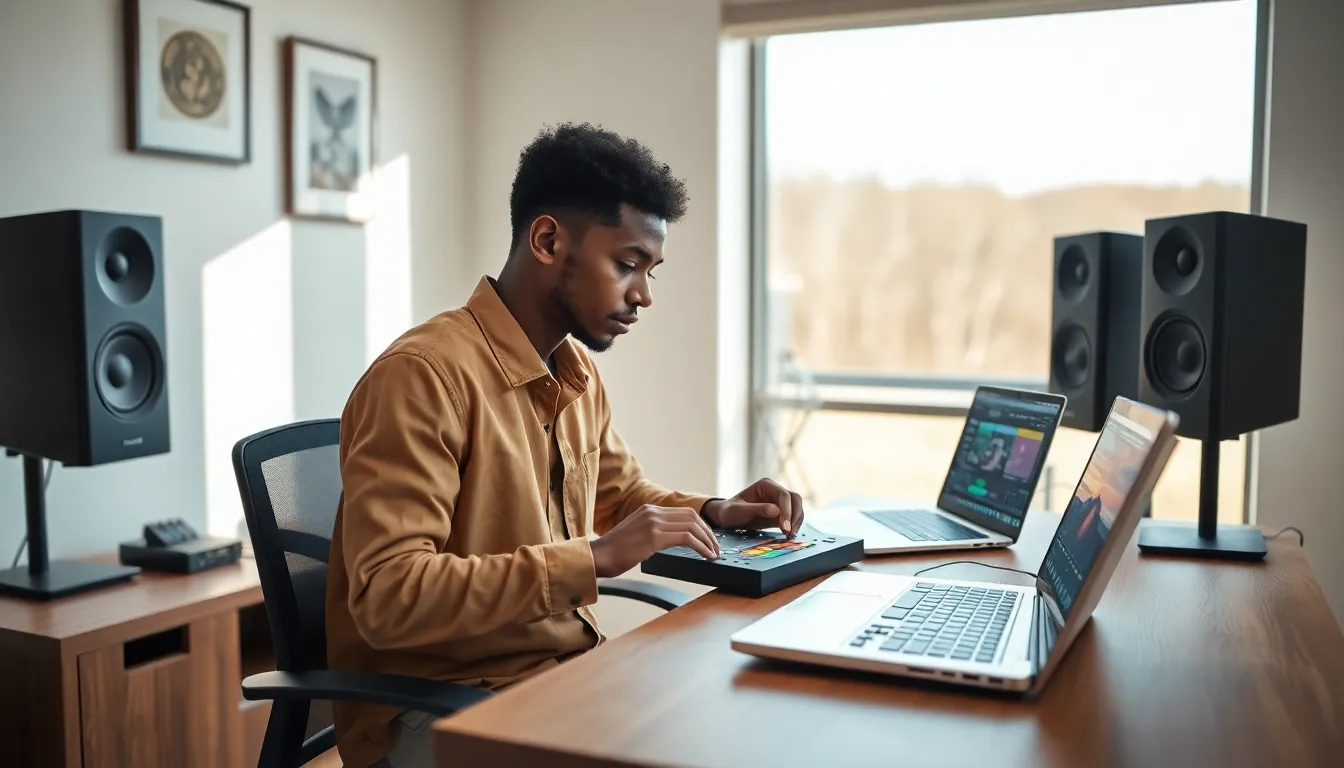 musician using Korg Gadget Switch in a stylish workspace.