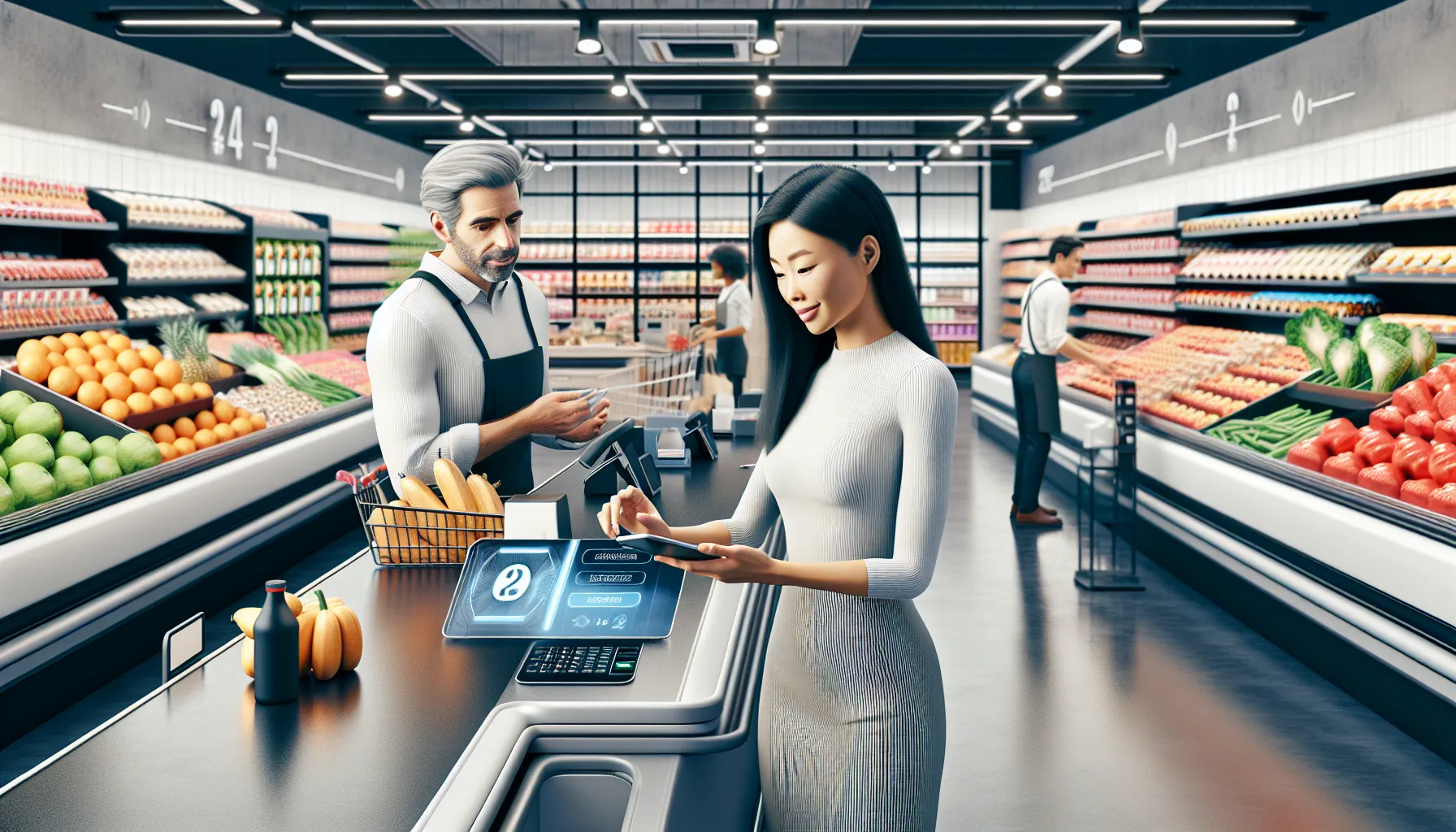 Customer using HiezcoinX2.X9 at a grocery store checkout.