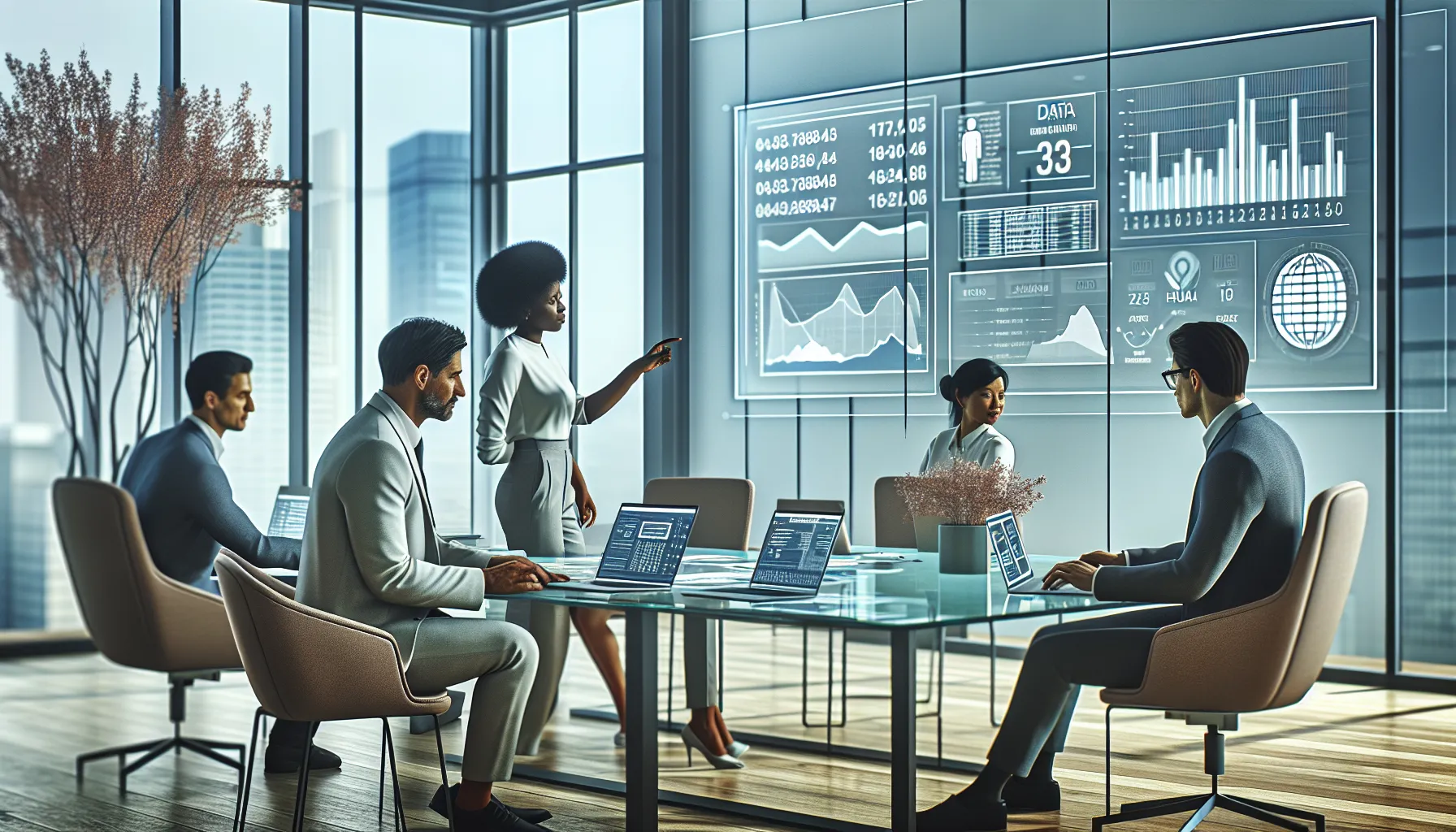professionals collaborating over data management in a modern office.