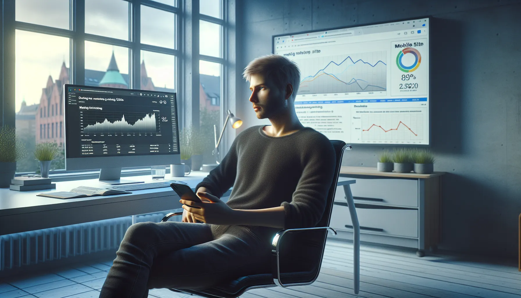 Slik sikrer du mobiloptimalisering for moderne seo 2 Seo specialist analyzing poor mobile website performance and rankings in a modern office.