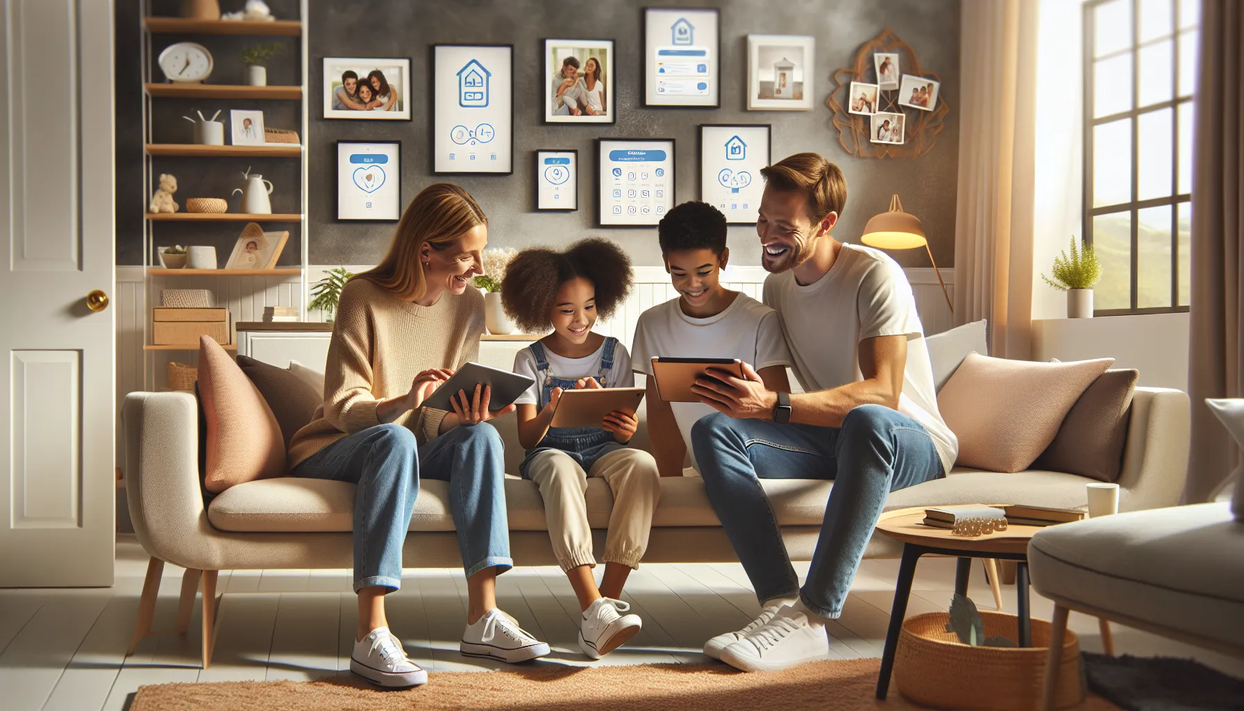 family using the Convwbfamily app in a comfortable living room.