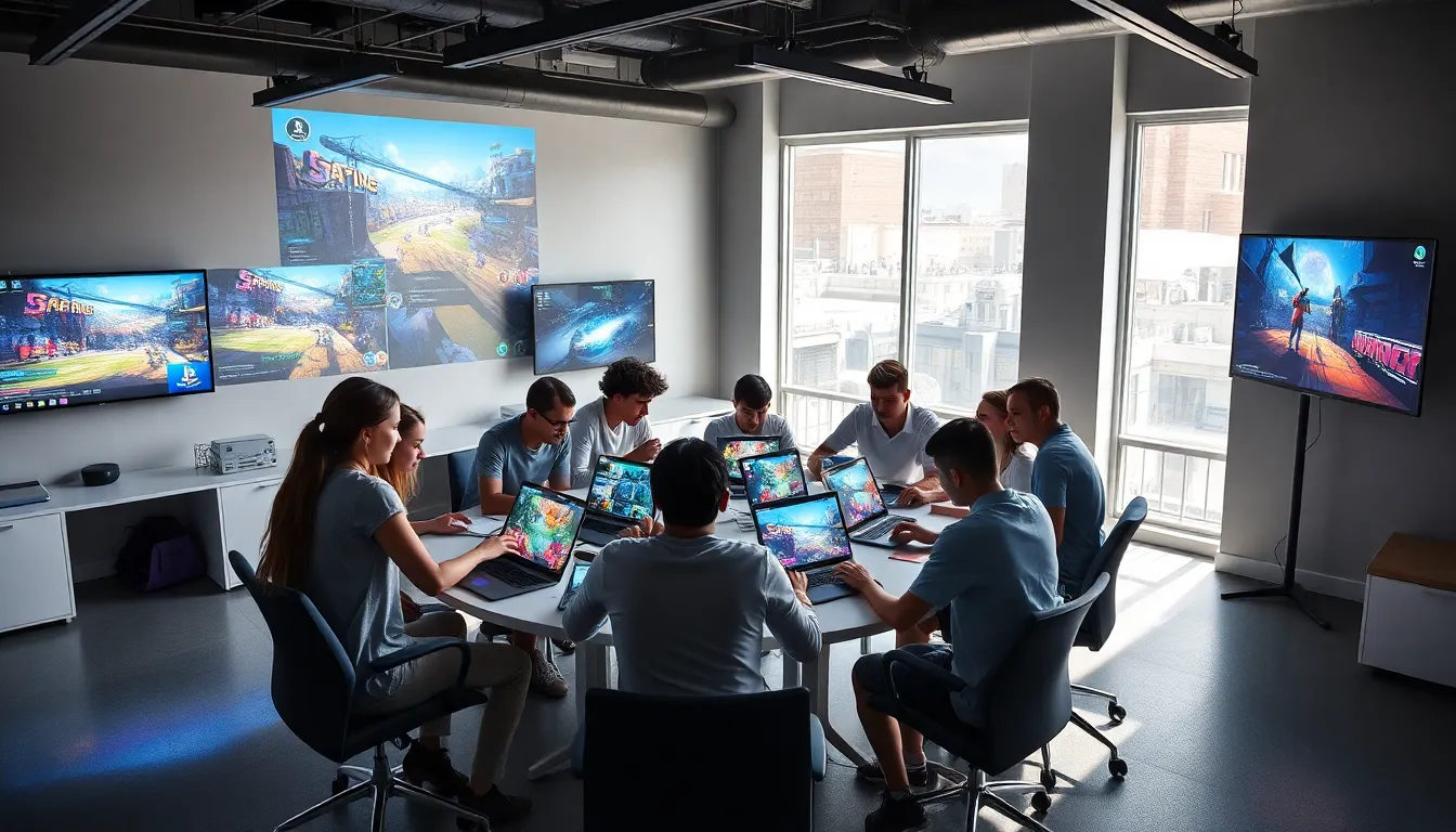 diverse team collaborating on game design in a modern workspace.