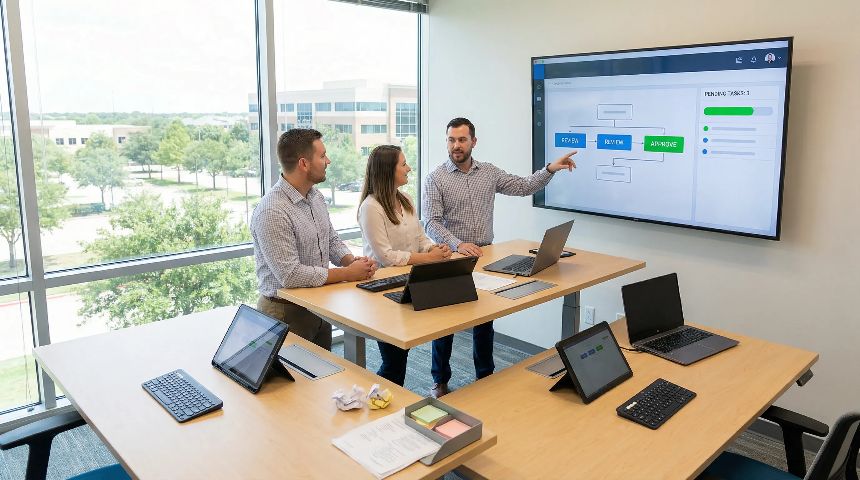 League City office where staff focus on collaborative work at clean desks while a central monitor shows streamlined digital workflows and fewer manual tasks.