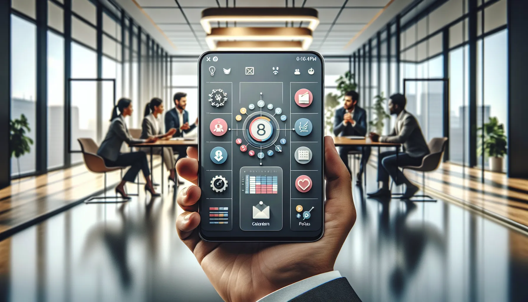 smartphone displaying the AppCloseAdd app in a modern office setting.