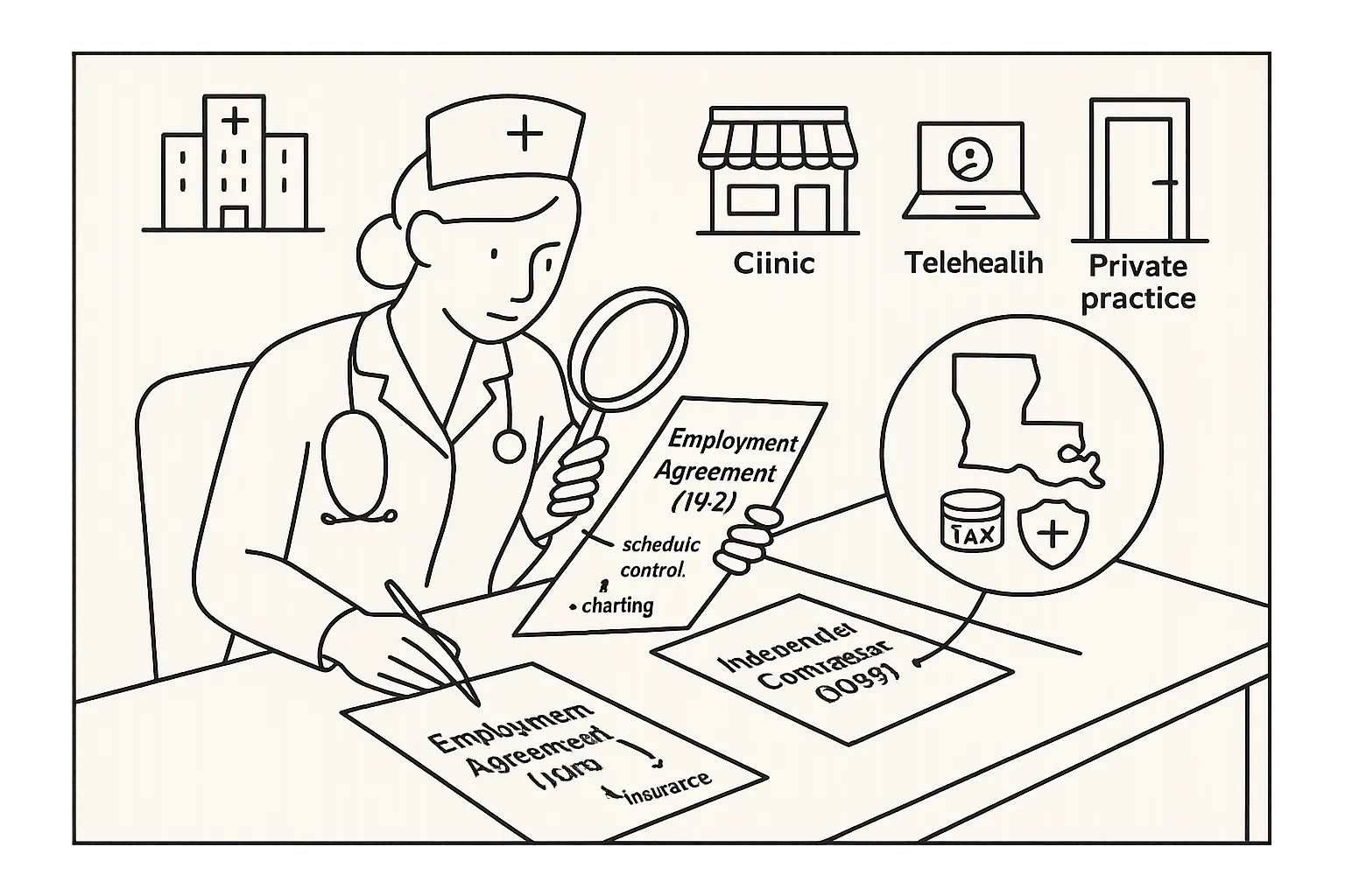 Nurse practitioner at desk examining employment and contractor contracts with setting icons of Louisiana Nurse Practitioner Contract Review.
