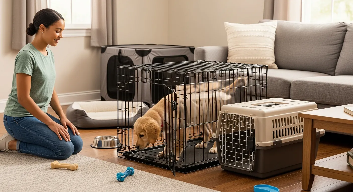 Woman choosing a dog crate while a golden retriever puppy explores a wire kennel.