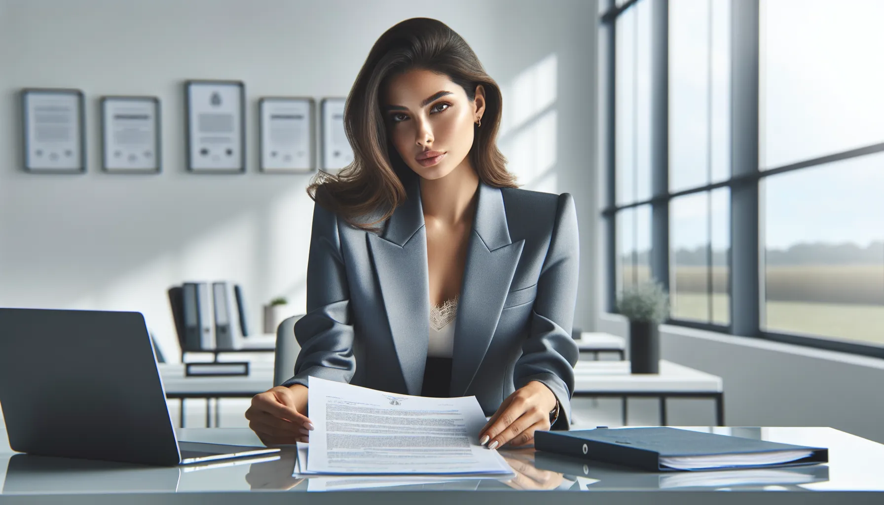 Pregnant woman in office reviewing legal employment documents