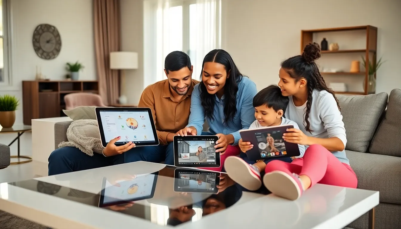 family discussing home security options in a modern living room.