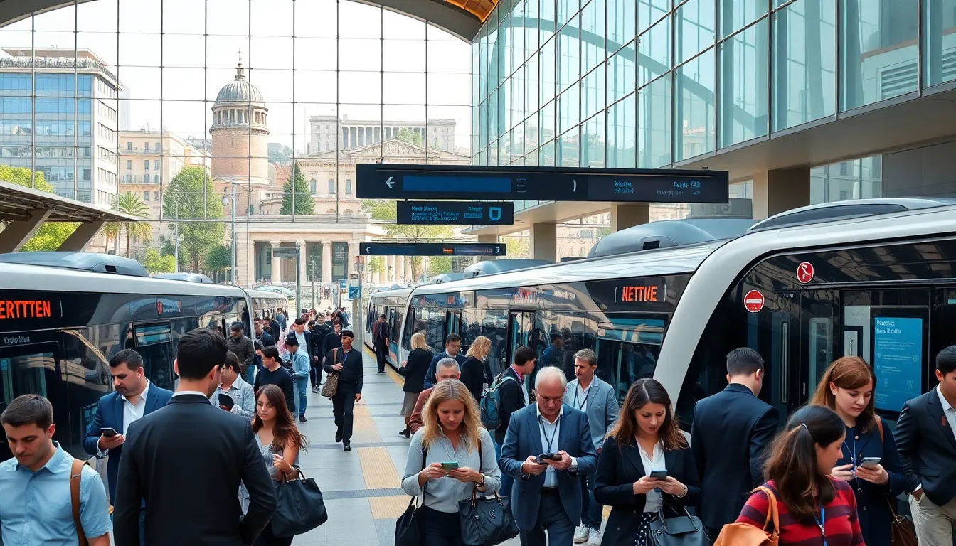 busy Athens transit station with diverse commuters and modern transport options.