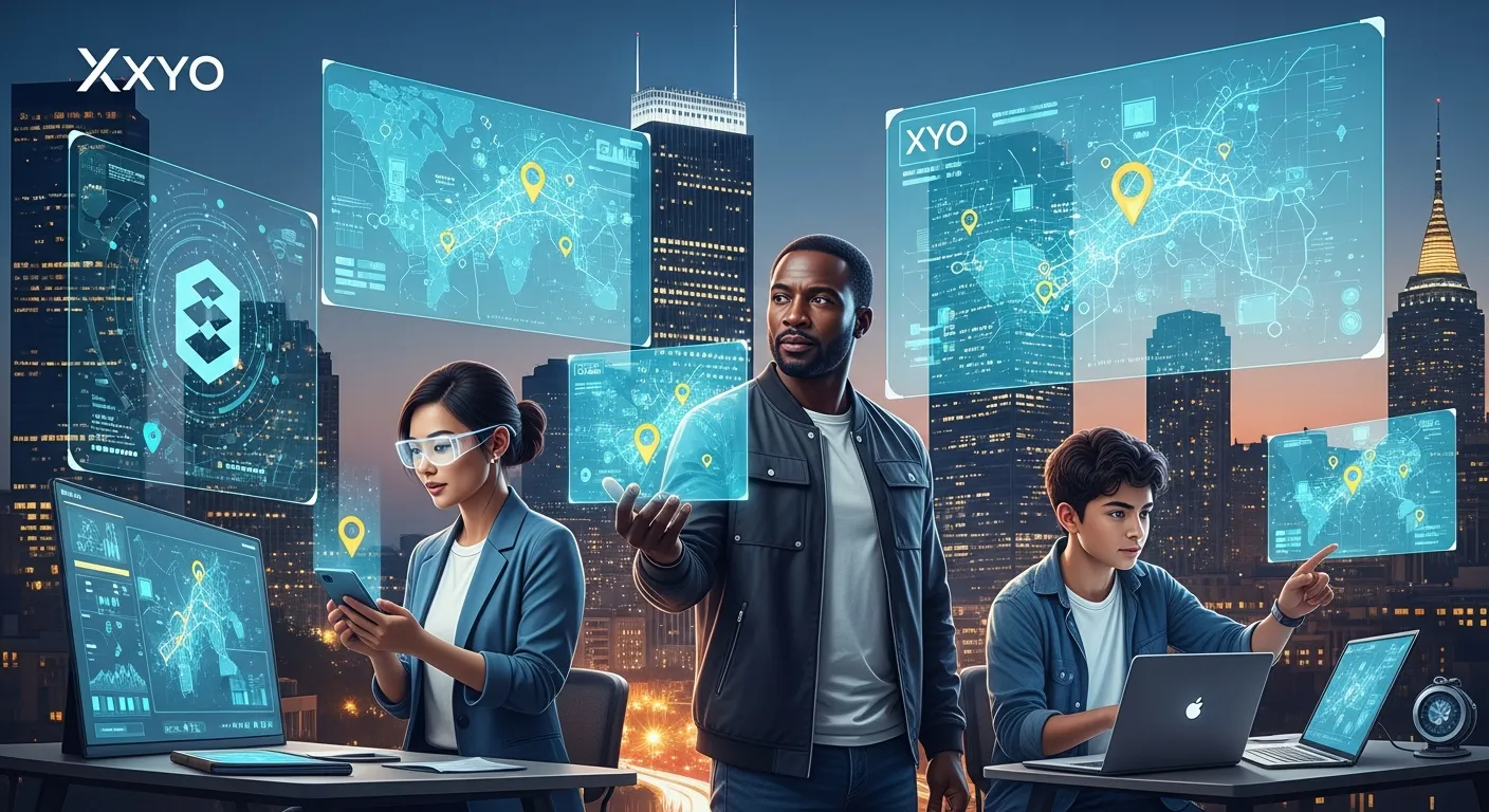 diverse team discussing innovative geolocation technology in a modern urban setting.