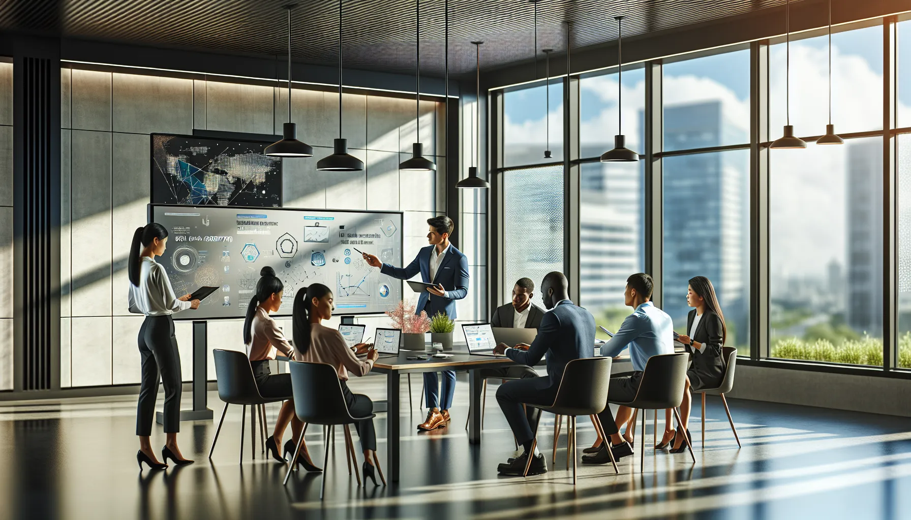 diverse team collaborating over data in a modern office.
