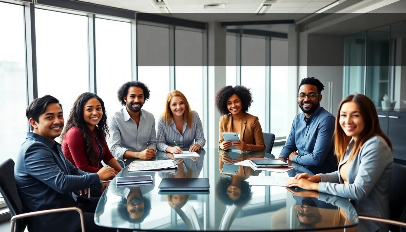 diverse team brainstorming in a modern office setting.