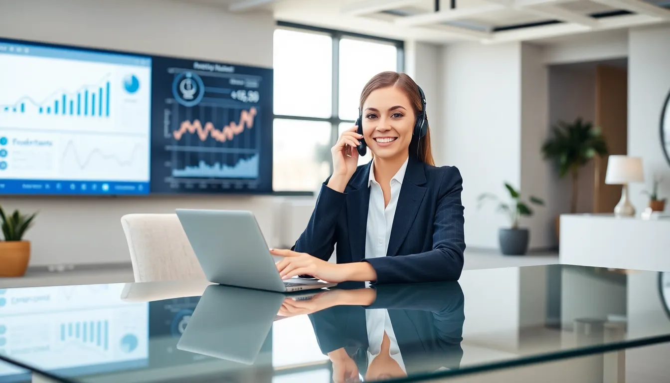 professional woman using a headset in a modern office setting.