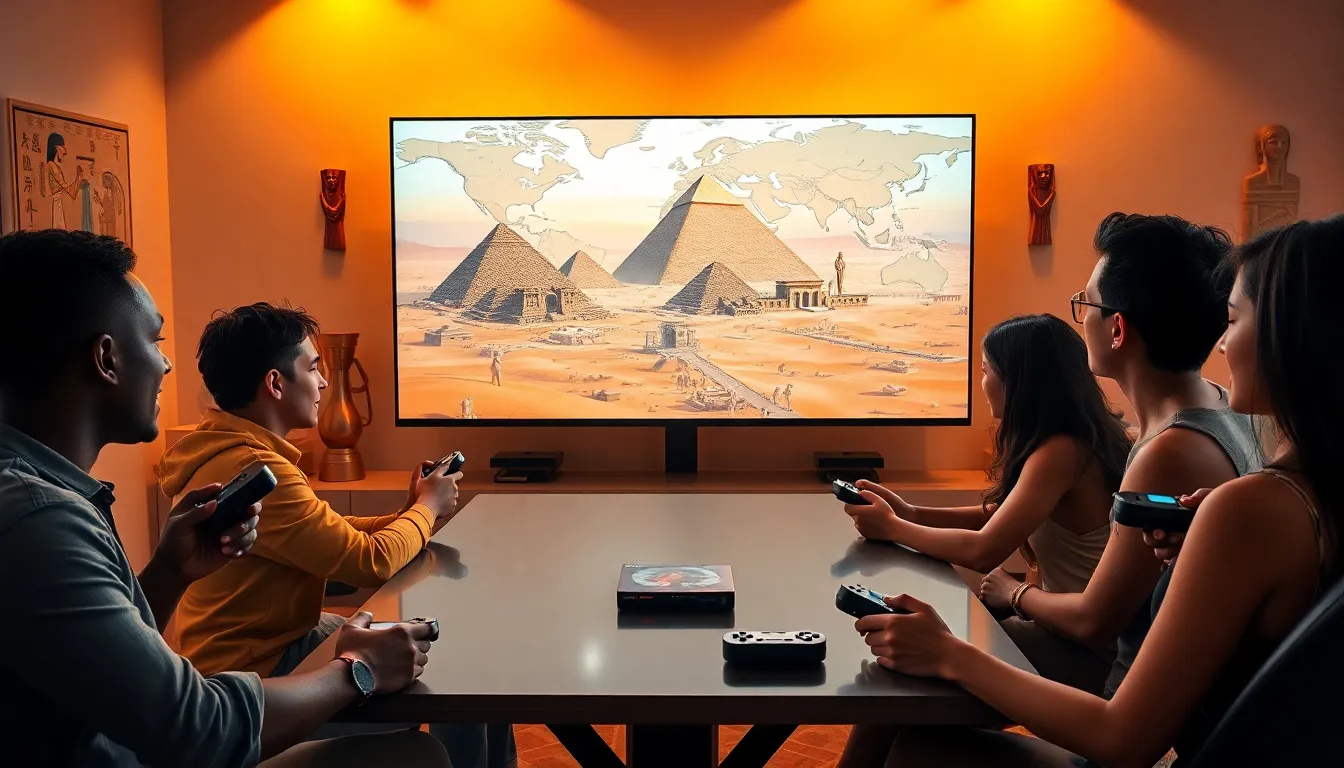 diverse gamers enjoying an Ancient Egypt-themed video game.