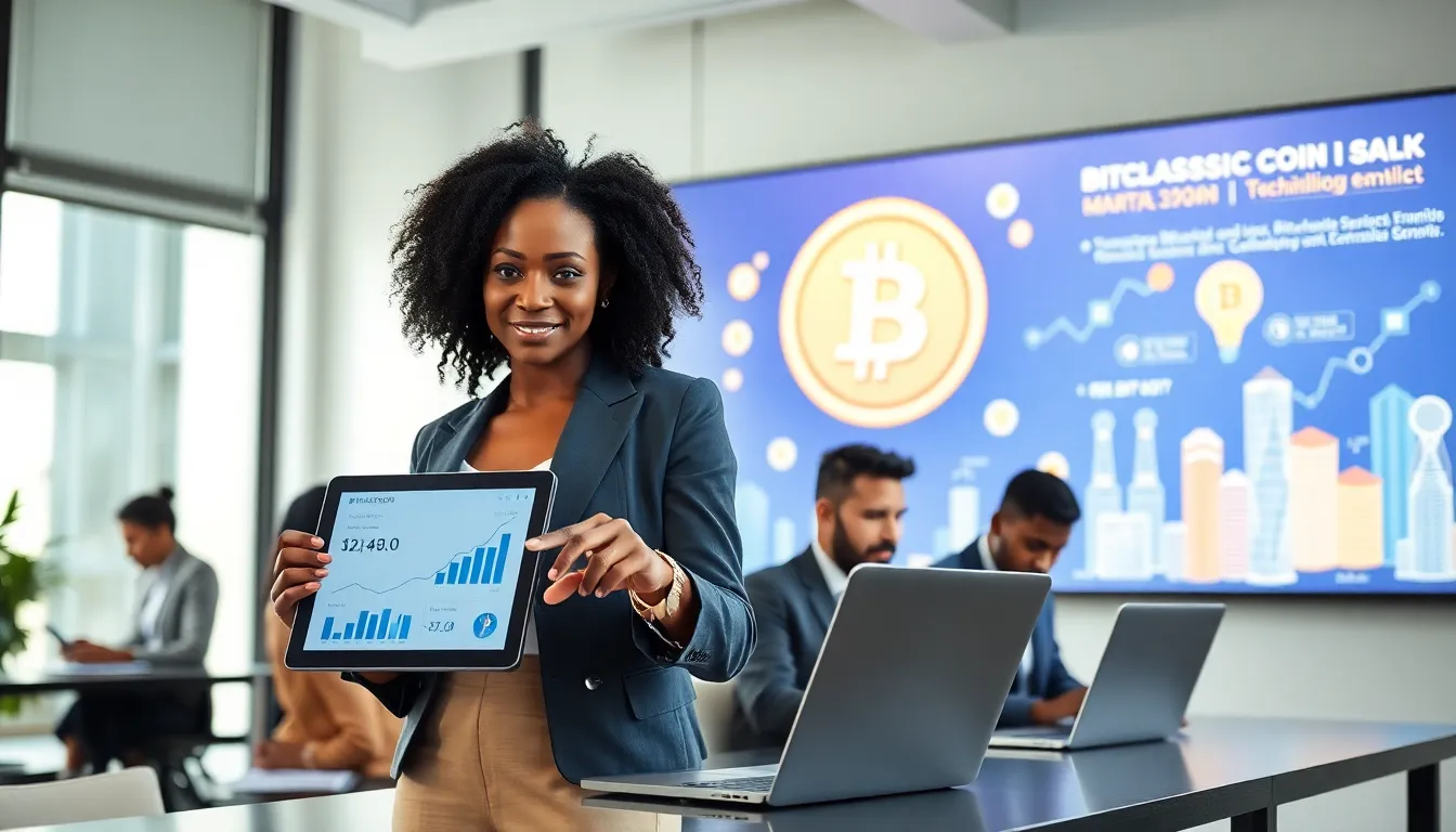 Diverse professionals discussing cryptocurrency in a modern office.