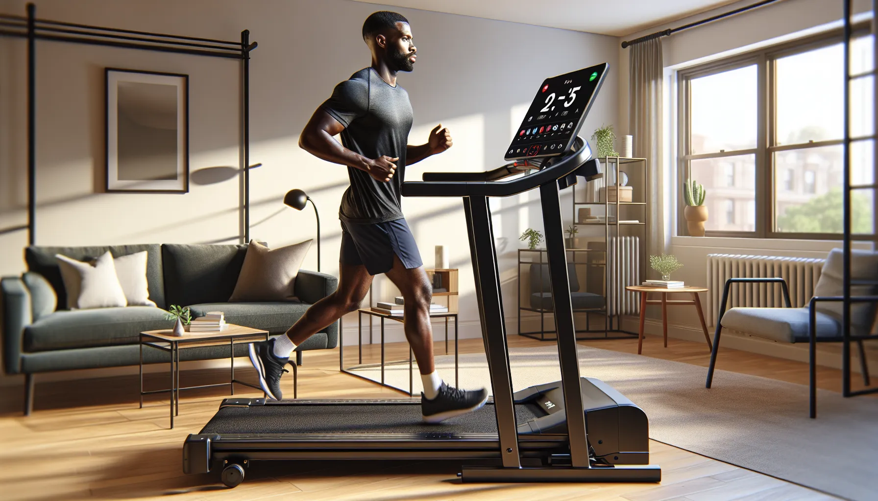 Runner using foldable treadmill with touchscreen in a small apartment.